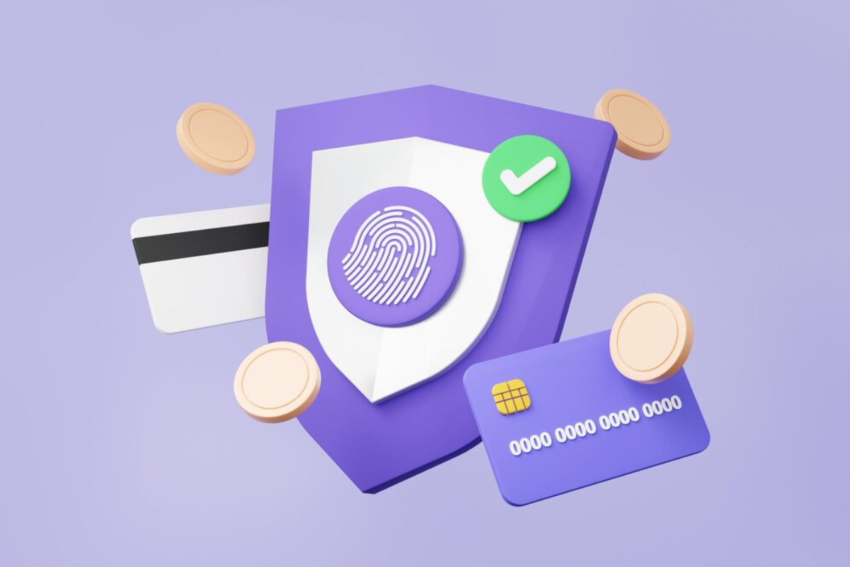 A purple shield with a fingerprint symbol, green checkmark, credit cards, and coins, representing secure digital payments.