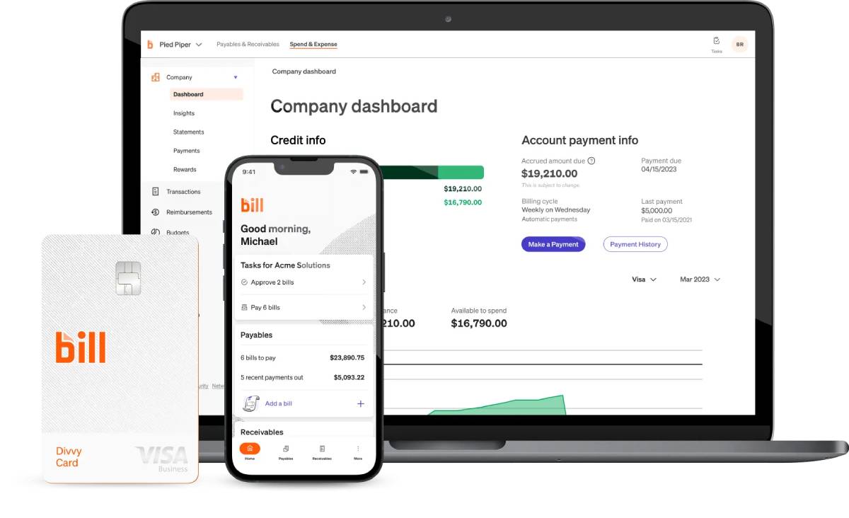 A smartphone displays the bill app with payment details, next to a Divvy Visa card and a laptop showing a company dashboard.