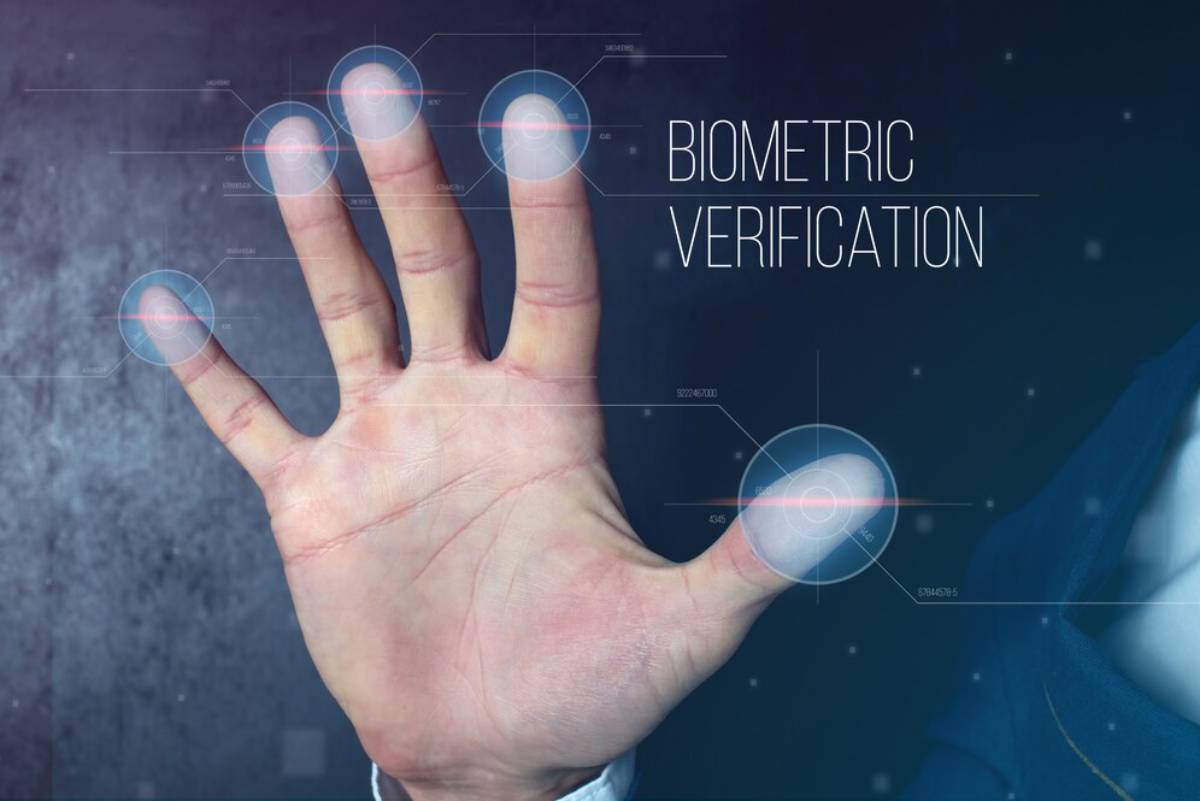 A hand with biometric scanning circles over fingertips, featuring the text Biometric Verification in the background.