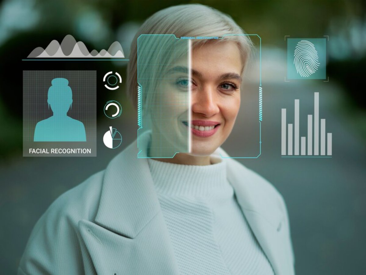A woman in a white coat is standing outdoors, with digital icons representing facial recognition and biometric data displayed near her.