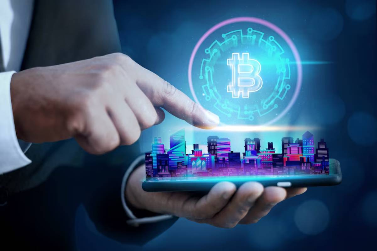 A hand holding a smartphone displays a vibrant cityscape and glowing Bitcoin symbol, symbolizing digital finance and technology.