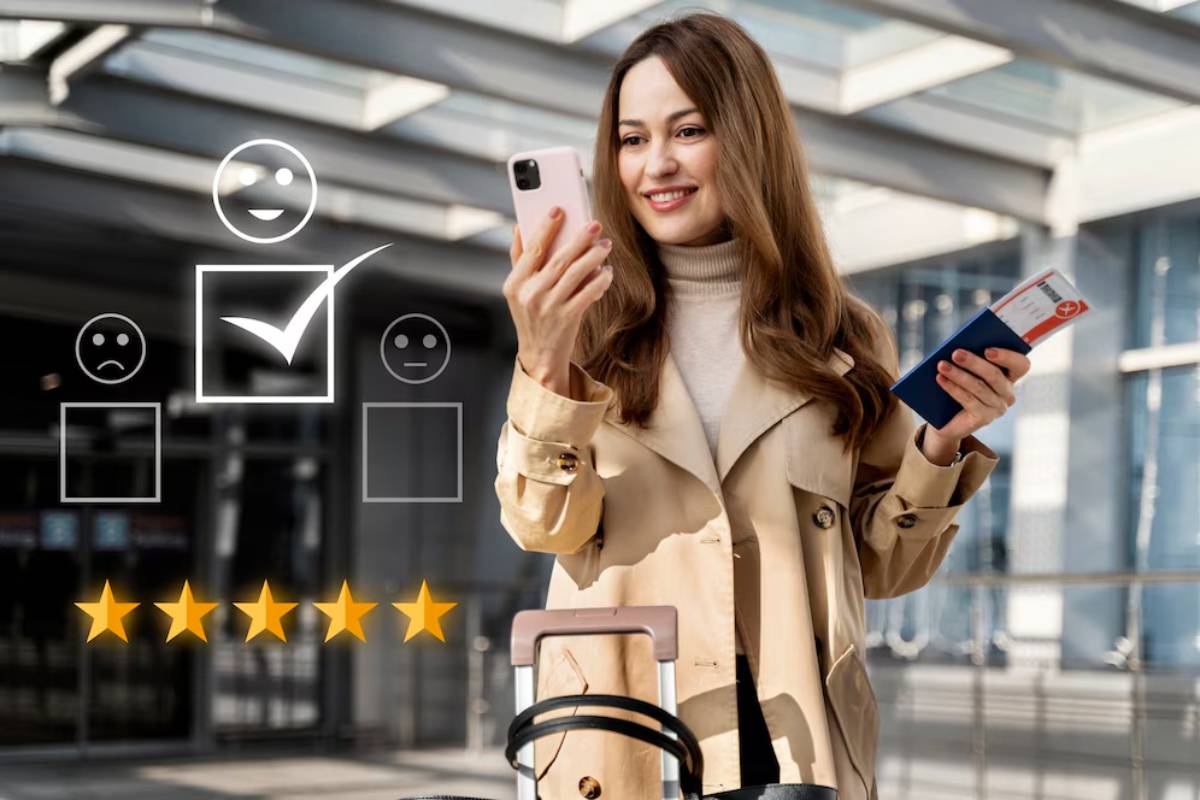 A traveler in a beige coat holds a smartphone and a ticket while standing near luggage, surrounded by ratings and feedback icons.