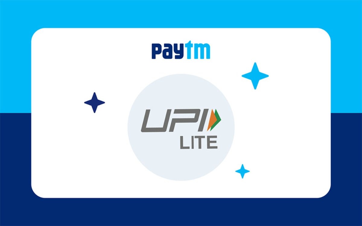 Graphic showcasing the Paytm logo alongside the UPI Lite logo, set against a blue and white background with decorative stars.