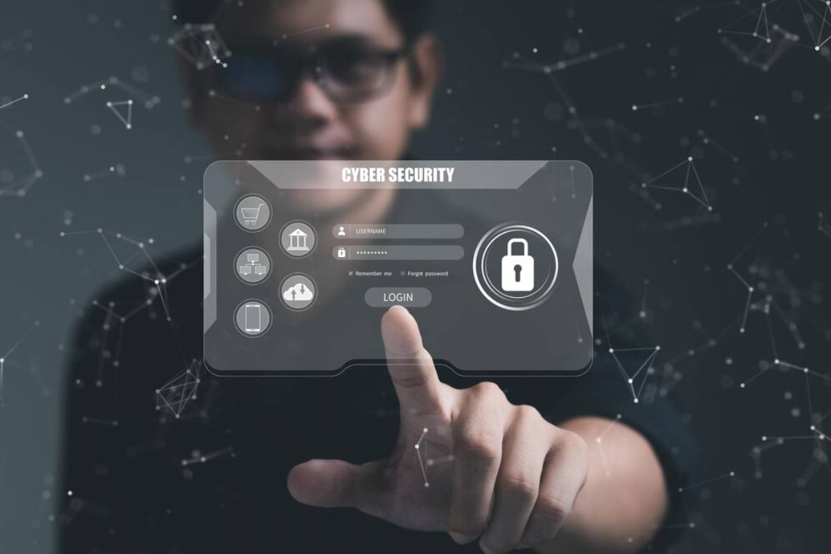 A person uses a digital login interface with options for username, password, and security features, set against a tech-inspired background.