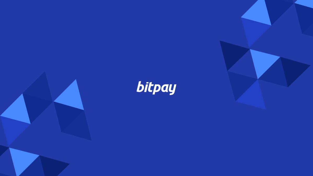Logo of Bitpay in white text on a blue background, with geometric blue triangles creating a modern design.