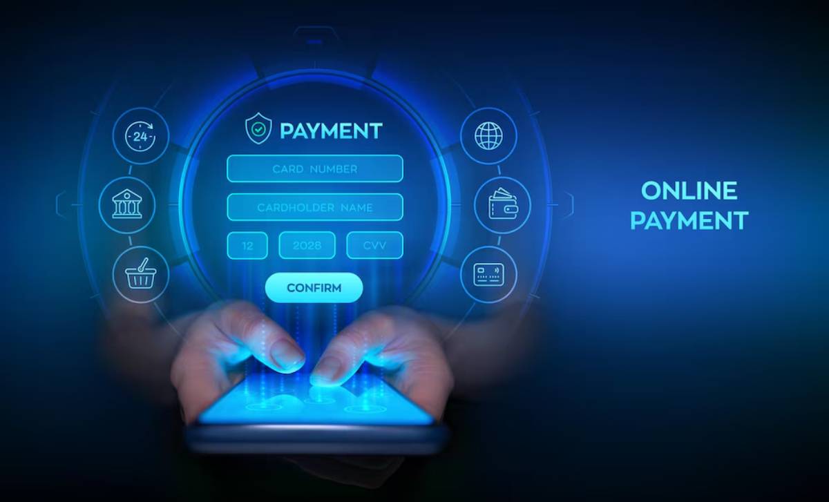 A person making an online payment using a smartphone, with a digital interface displaying card details and a 'Confirm' button.