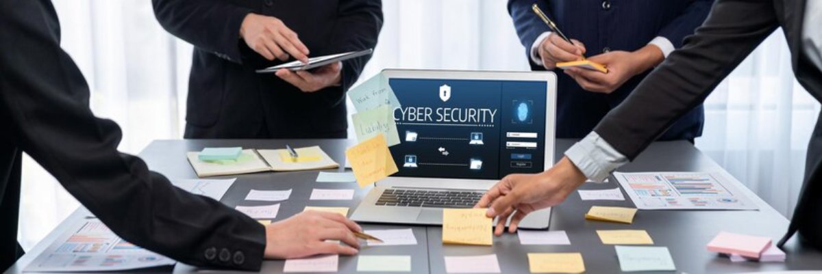 A business team collaborates around a laptop displaying Cyber Security, with sticky notes on the table, discussing strategies.