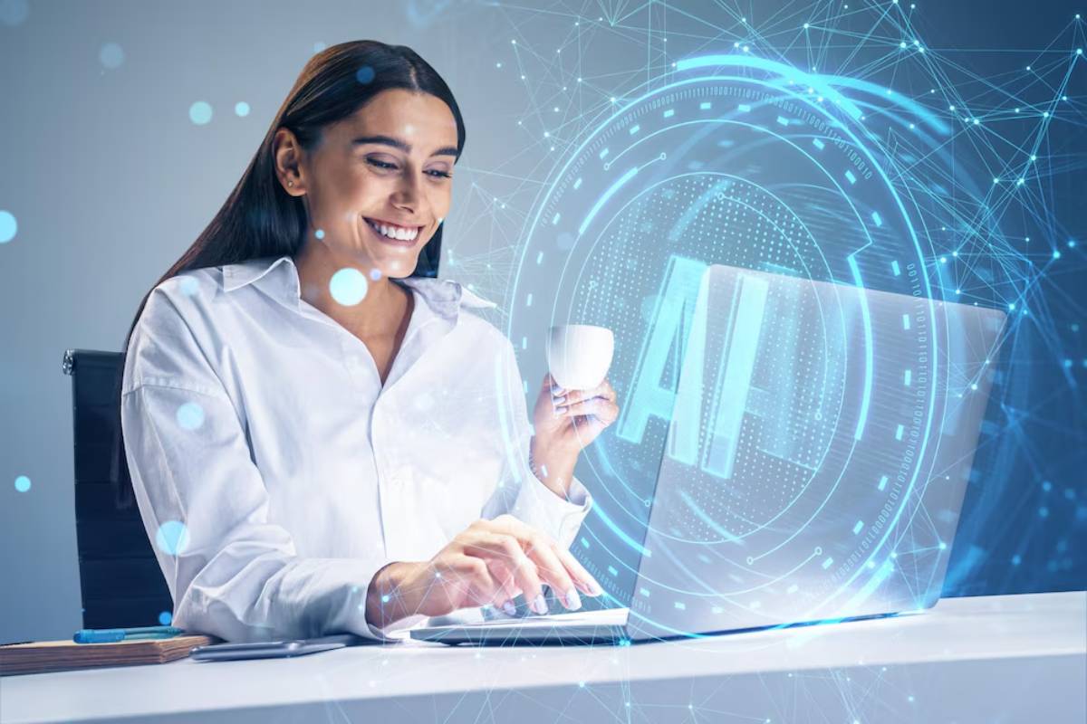 A person in a white shirt holds a coffee cup while working on a laptop, surrounded by digital AI graphics and data visualization.