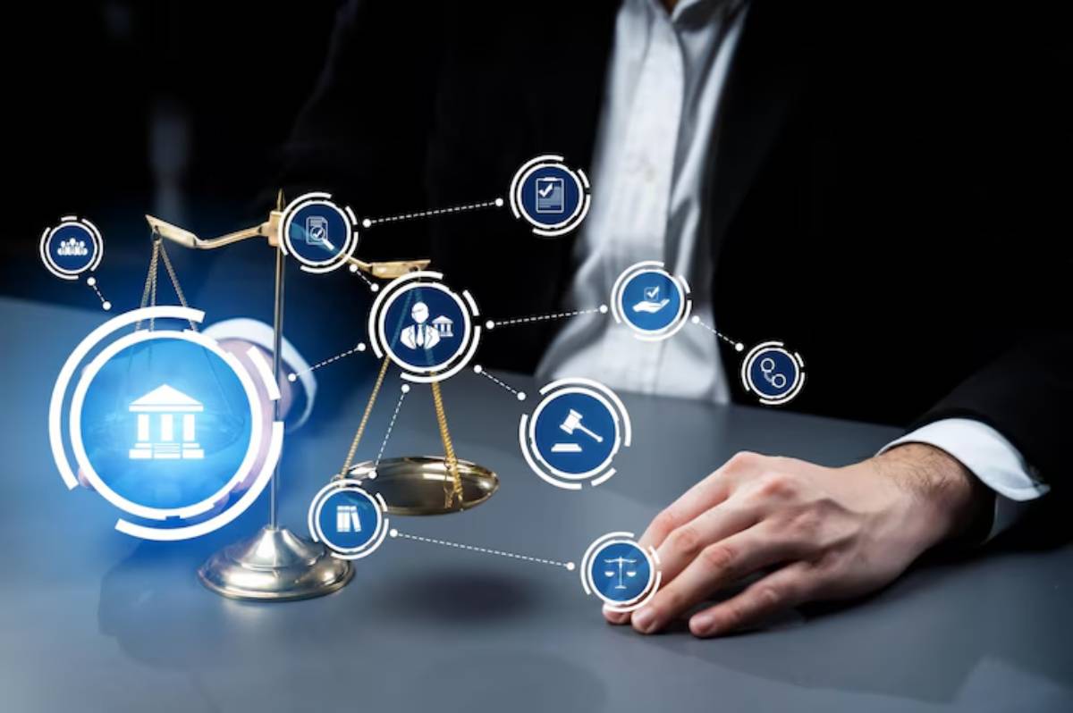 A lawyer's hand resting on a table, surrounded by digital icons related to law and justice, with a balanced scale in the foreground.