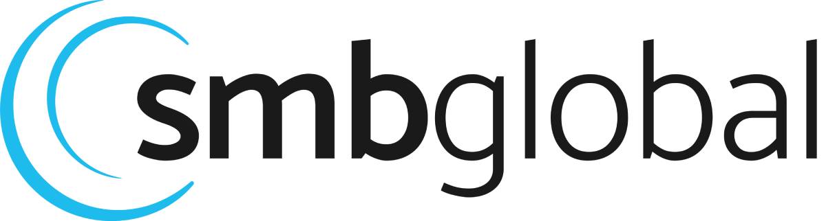 Logo of SMB Global featuring the text smbglobal in black with a light blue swirl design.