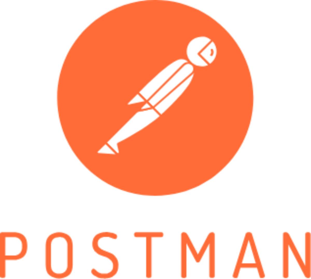 Logo of Postman, featuring a stylized figure resembling a postal worker flying against a circular orange background.