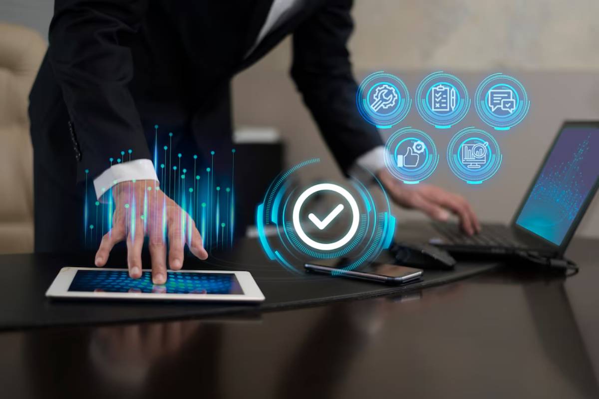 A businessman in a suit interacts with a tablet, surrounded by digital icons representing technology and data management.