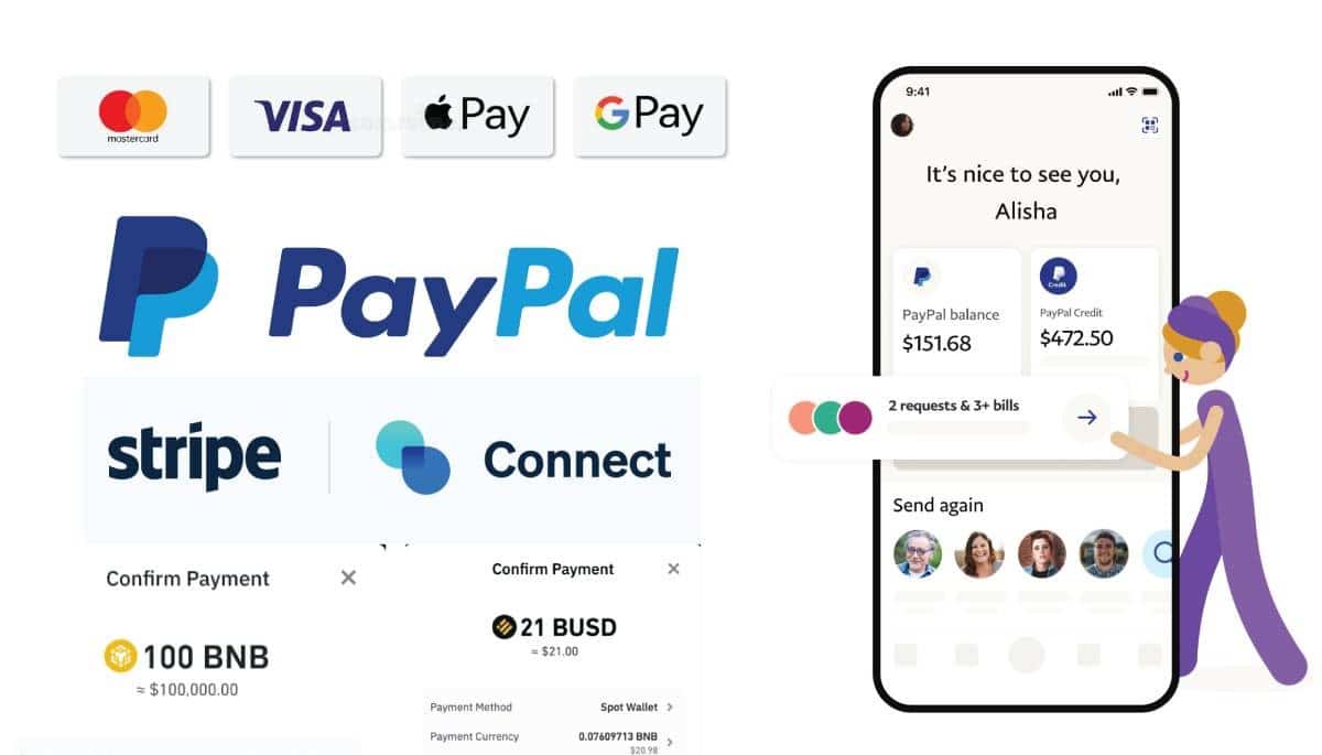 The image displays a PayPal interface showing balance details, payment options, and logos of various payment methods.