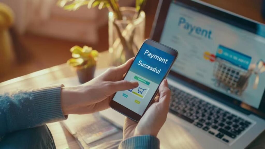 A person confirms a successful payment on their smartphone, with a laptop displaying an online payment page in the background.