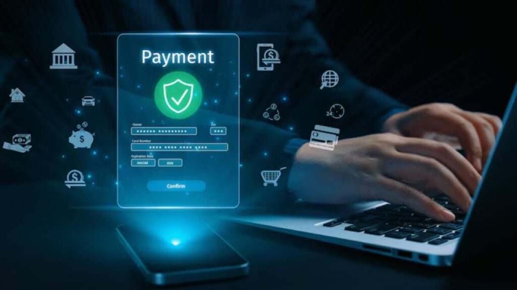 A person entering payment information on a laptop, with a secure payment interface displaying a green shield symbol.