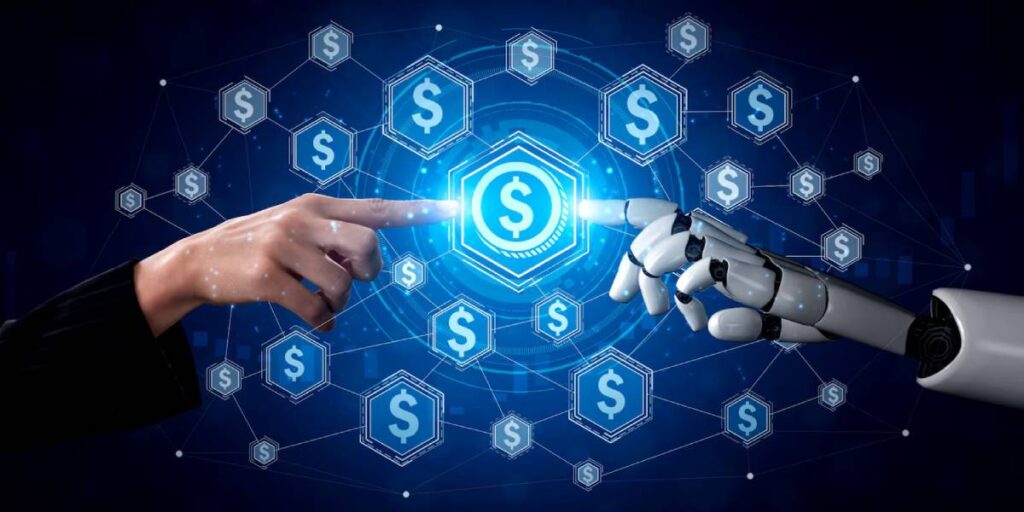 A human hand and a robotic hand reach toward a glowing dollar symbol surrounded by finance-related icons in a digital network.