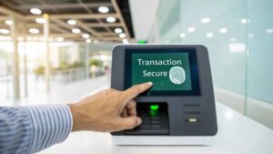 A person points at a digital screen displaying Transaction Secure with a fingerprint icon, indicating biometric authentication.