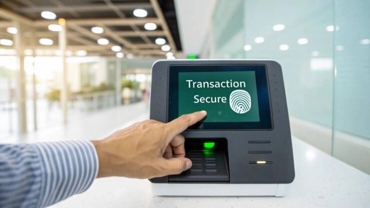 A person points at a digital screen displaying Transaction Secure with a fingerprint icon, indicating biometric authentication.