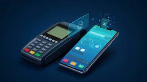 An illustration of a credit card reader next to a smartphone displaying a digital payment interface with animated icons.